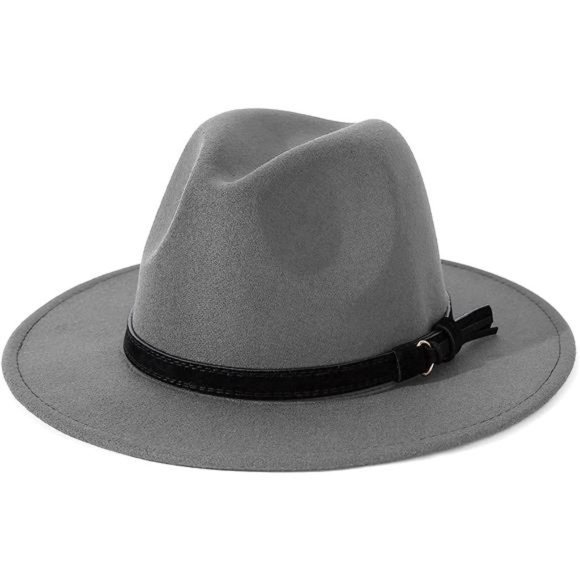 Men & Women Vintage Wide Brim Fedora Hat with Belt Buckle ZBlack Belt-light Grey